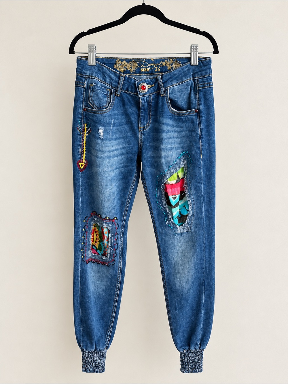 Desigual Vintage Y2K Embroidered Patchwork Distressed Jogger Jeans Size 26